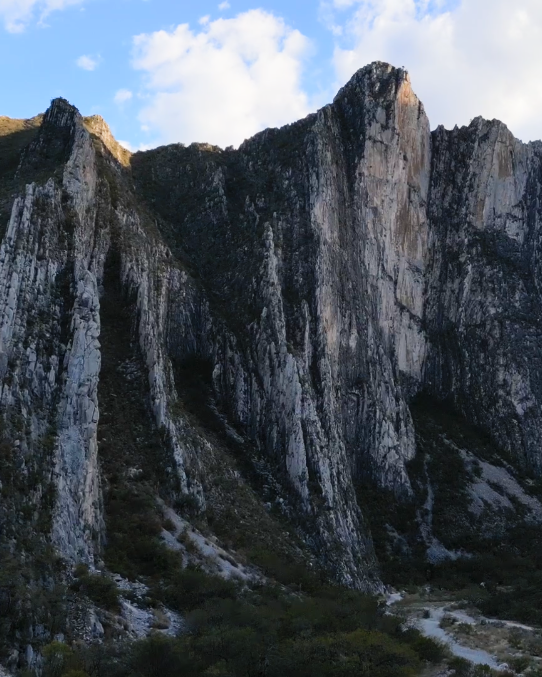 Tall, rugged mountain cliffs with sparse vegetation under a blue sky.