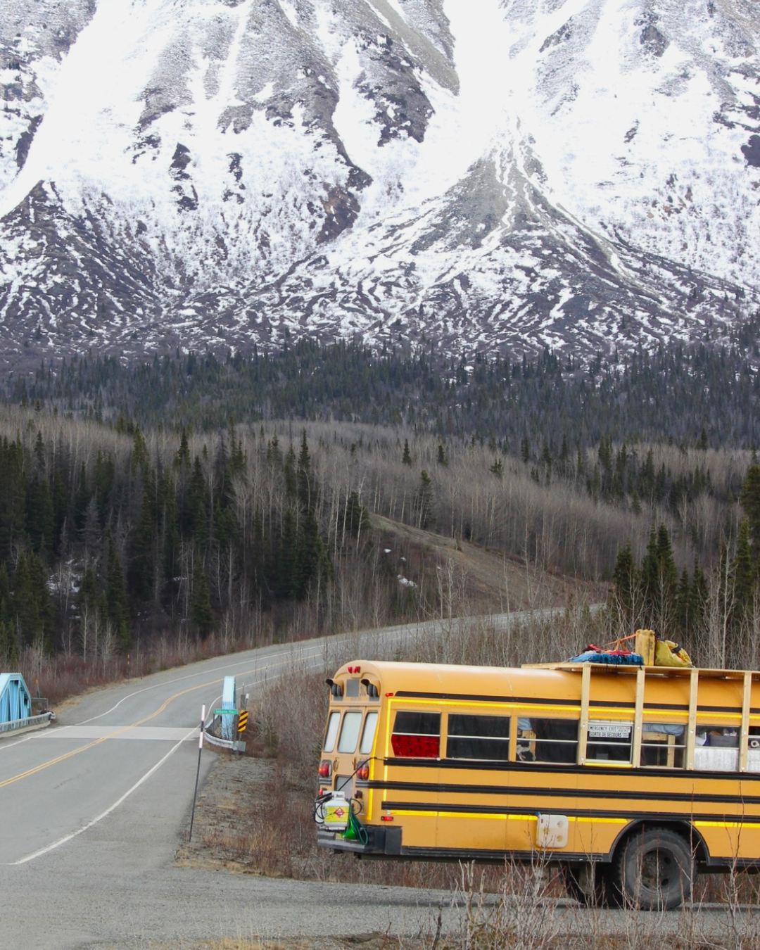 Converted school bus camper, vanlife trip Kluane National Park, Yukon
