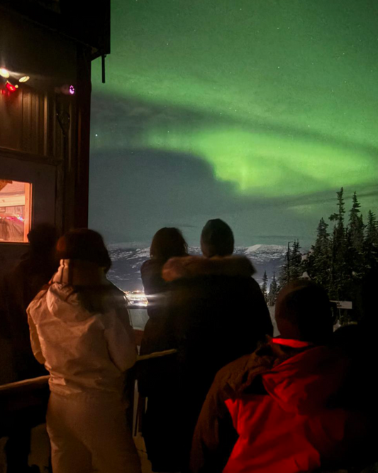 People observing the Aurora Borealis from a building in a snowy landscape.