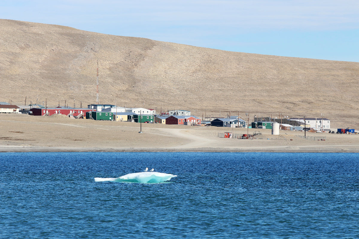 Small town by a body of water with an iceberg floating nearby