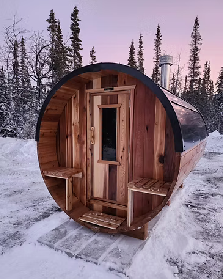 Wooden barrel sauna at Kluane Outdoor Inspirations
