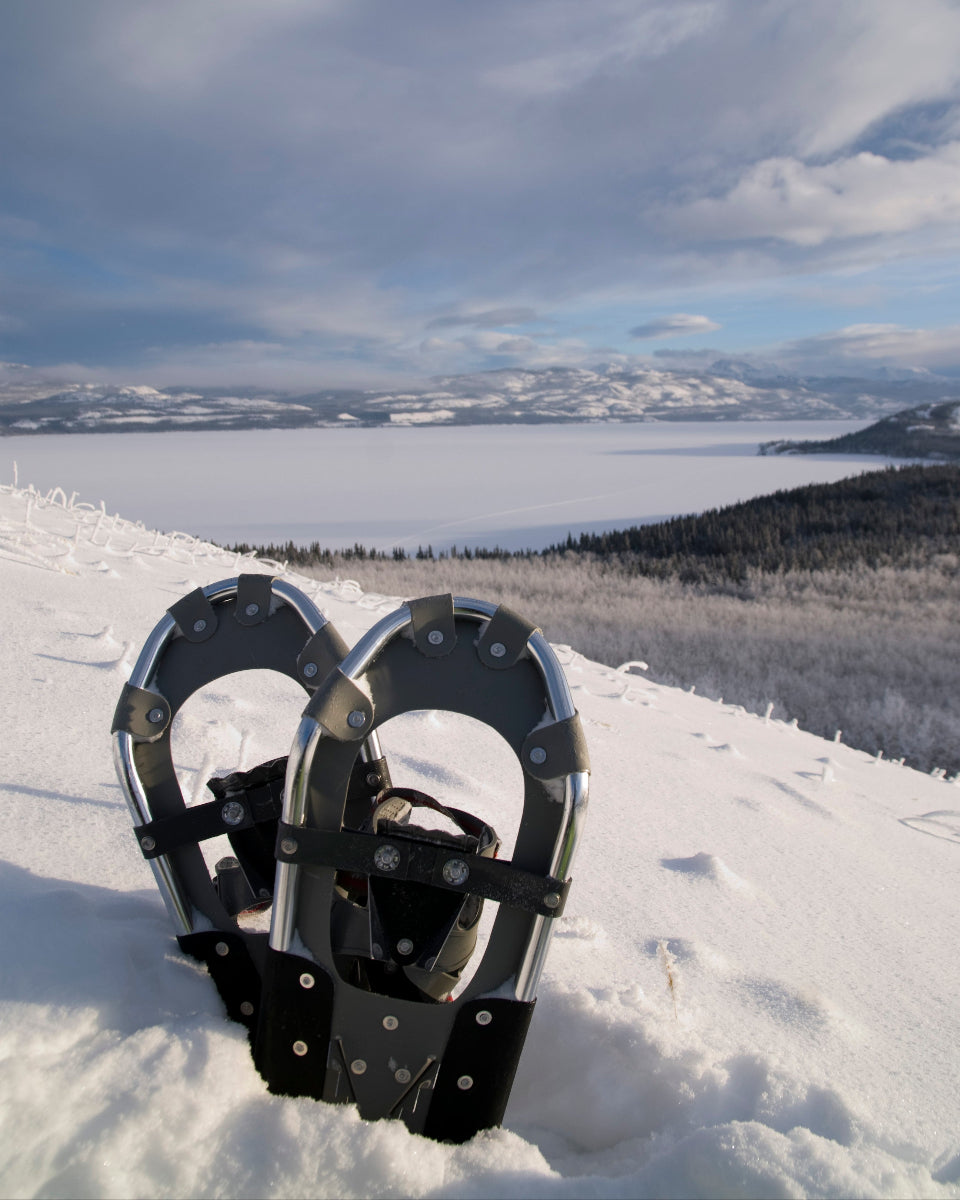 Snowshoes on a snowy landscape in the Yukon with mountains and a lake in the background