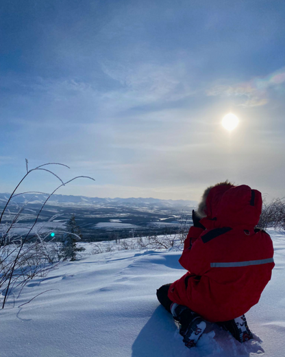 Someone overlooking Yukon wilderness valley in winter