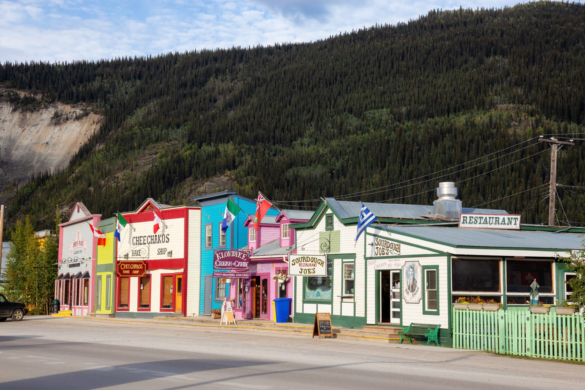 Colorful buildings on main street in Dawson City Yukon