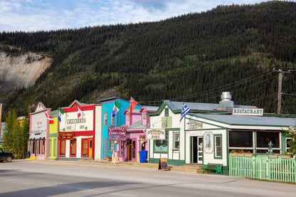 Colorful buildings on main street in Dawson City Yukon