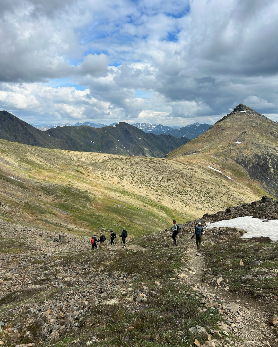 Guided hiking group traversing alpine ridge in Yukon mountains