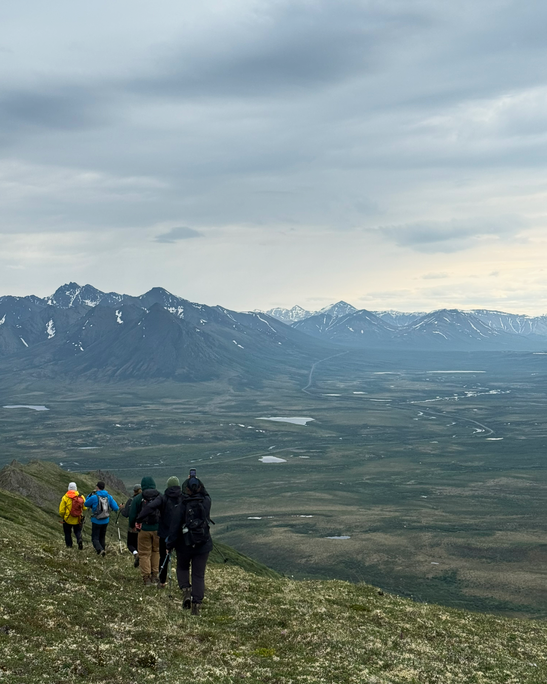 Hiking group walking across a wide open Yukon valley